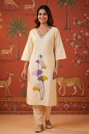 Peach Floral Embroidered Cotton Kurti Pant Set (ACB2235)