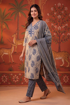Blue Printed Cotton Kurti Pant Set (ACB2237)