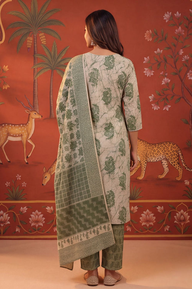Green Printed Cotton Kurti Pant Set (ACB2238)