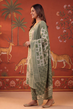 Green Printed Cotton Kurti Pant Set (ACB2238)
