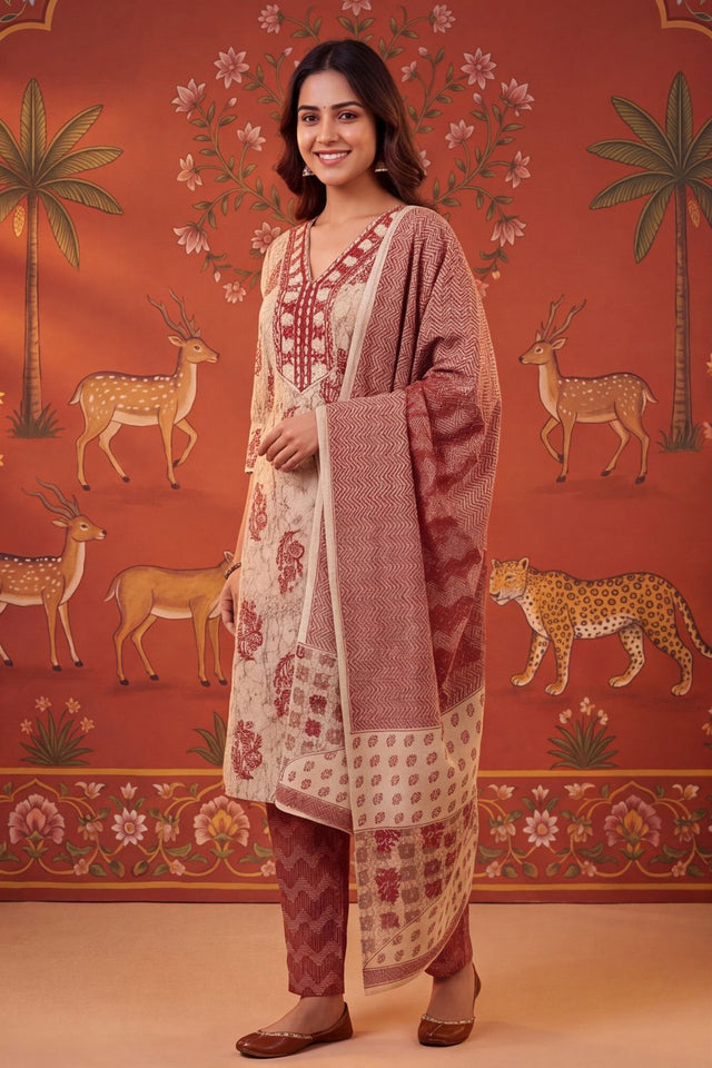 Maroon Printed Cotton Kurti Pant Set (ACB2239)
