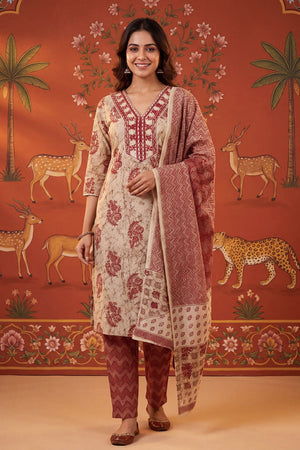 Maroon Printed Cotton Kurti Pant Set (ACB2239)