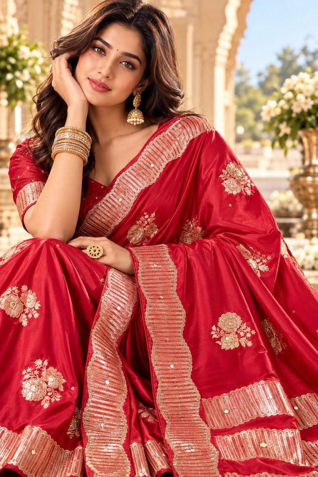 Red Woven Satin Saree (ACB2242)