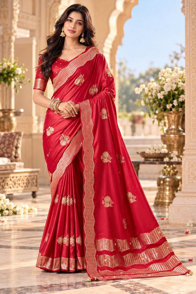 Red Woven Satin Saree (ACB2242)