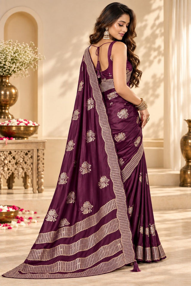 Wine Woven Satin Saree (ACB2243)