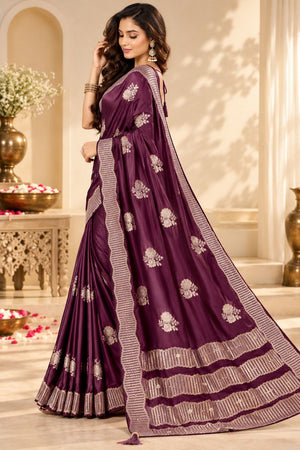 Wine Woven Satin Saree (ACB2243)