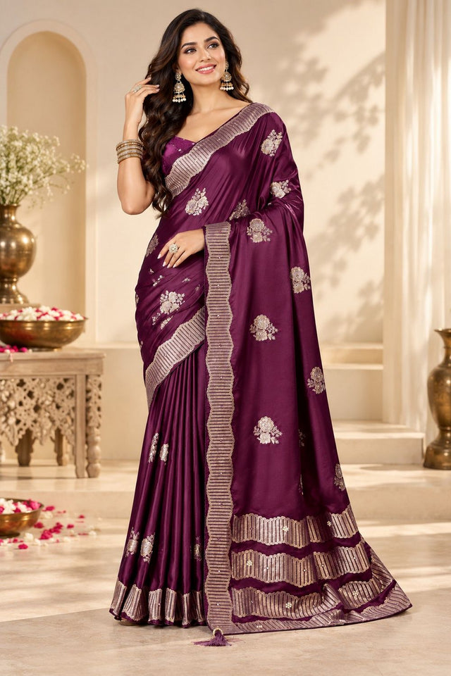 Wine Woven Satin Saree (ACB2243)