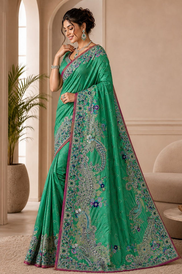 Turquoise Woven Satin Saree (ACB2245)