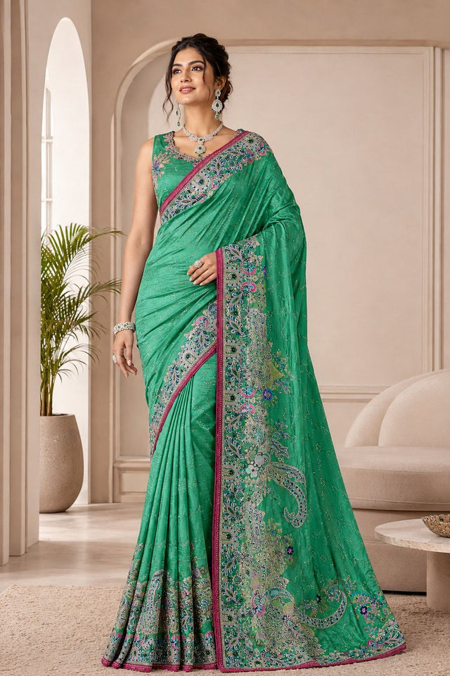 Turquoise Woven Satin Saree (ACB2245)