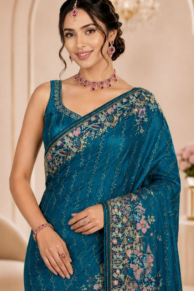 Turquoise Woven Satin Saree (ACB2247)