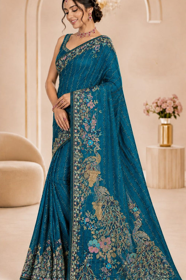 Turquoise Woven Satin Saree (ACB2247)