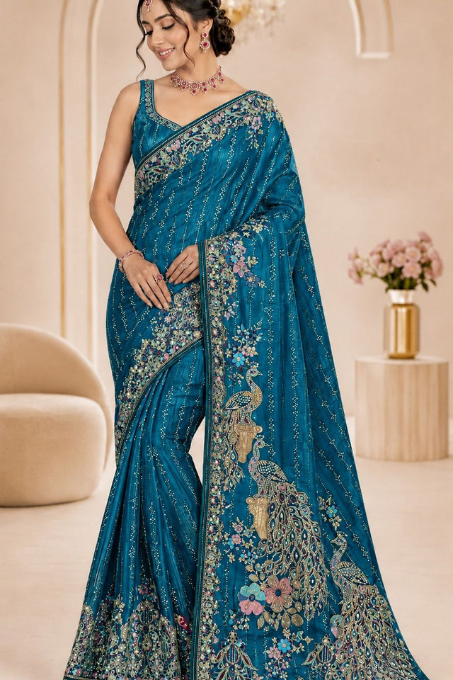 Turquoise Woven Satin Saree (ACB2247)