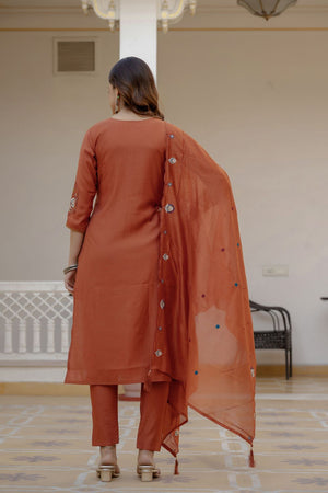 Rust Floral Embroidered Silk Kurti Pant Set (ACB2249)