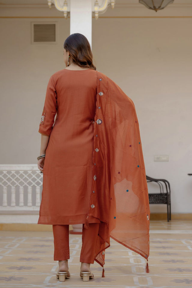 Rust Floral Embroidered Silk Kurti Pant Set (ACB2249)
