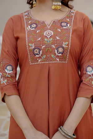 Rust Floral Embroidered Silk Kurti Pant Set (ACB2249)