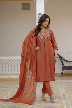 Rust Floral Embroidered Silk Kurti Pant Set (ACB2249)