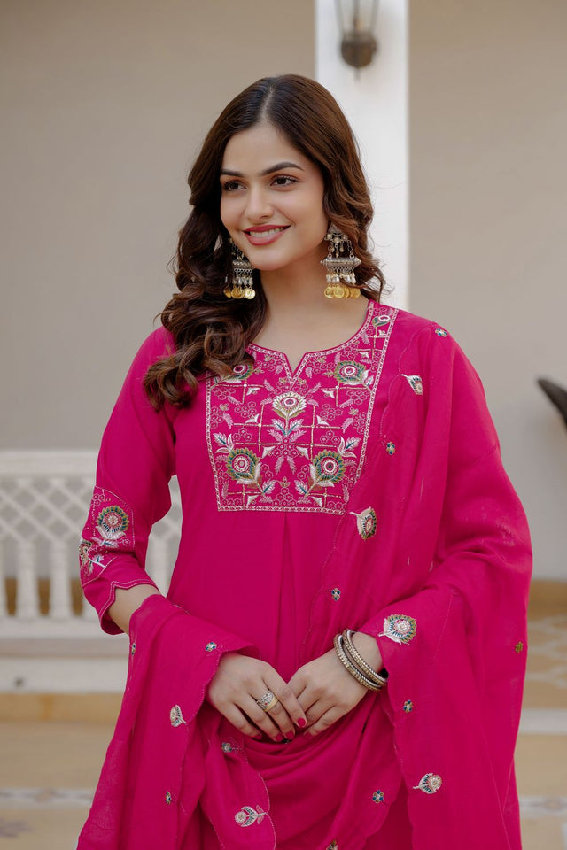 Pink Floral Embroidered Silk Kurti Pant Set (ACB2250)