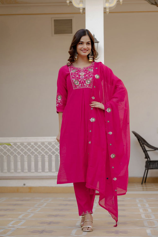 Pink Floral Embroidered Silk Kurti Pant Set (ACB2250)