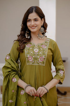Mehendi Floral Embroidered Silk Kurti Pant Set (ACB2251)