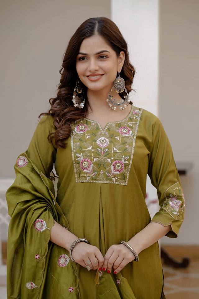 Mehendi Floral Embroidered Silk Kurti Pant Set (ACB2251)