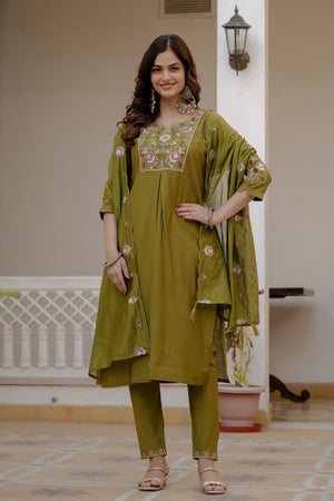 Mehendi Floral Embroidered Silk Kurti Pant Set (ACB2251)