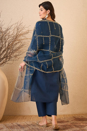 Blue Floral Embroidered Silk Blend Kurti Pant Set (ACB2255)