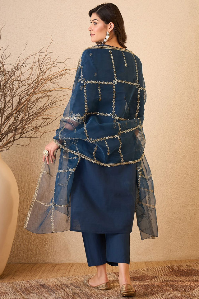 Blue Floral Embroidered Silk Blend Kurti Pant Set (ACB2255)
