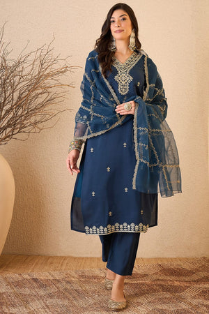 Blue Floral Embroidered Silk Blend Kurti Pant Set (ACB2255)