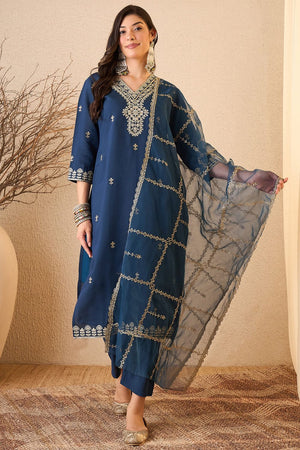 Blue Floral Embroidered Silk Blend Kurti Pant Set (ACB2255)