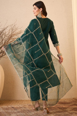 Green Floral Embroidered Silk Blend Kurti Pant Set (ACB2256)