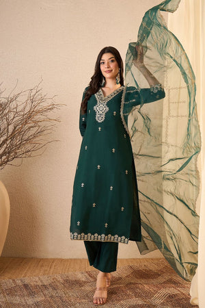 Green Floral Embroidered Silk Blend Kurti Pant Set (ACB2256)