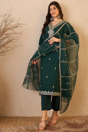 Green Floral Embroidered Silk Blend Kurti Pant Set (ACB2256)