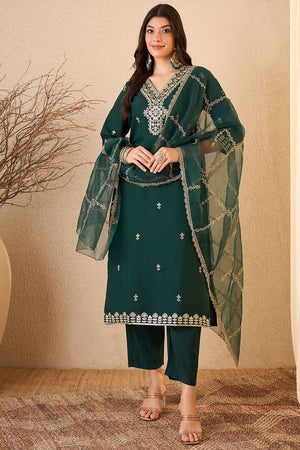 Green Floral Embroidered Silk Blend Kurti Pant Set (ACB2256)