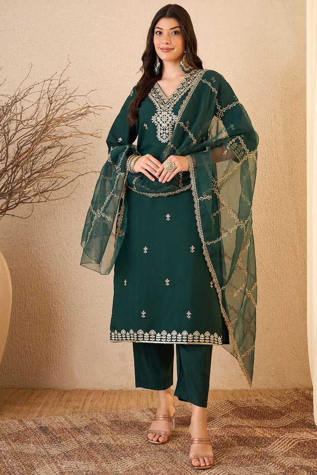 Green Floral Embroidered Silk Blend Kurti Pant Set (ACB2256)