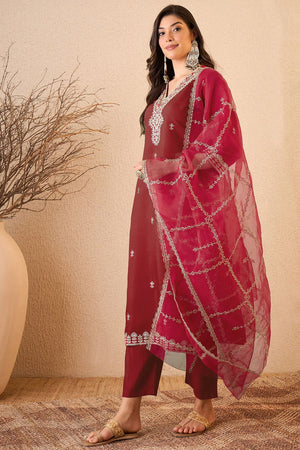 Maroon Floral Embroidered Silk Blend Kurti Pant Set (ACB2257)