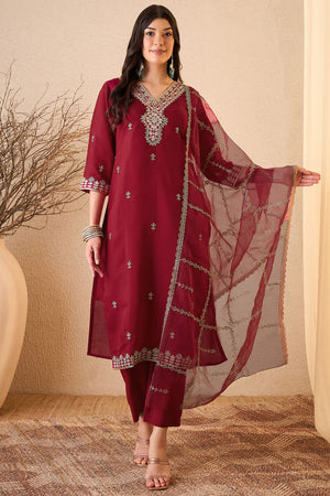 Maroon Floral Embroidered Silk Blend Kurti Pant Set (ACB2257)
