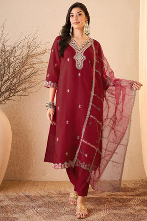 Maroon Floral Embroidered Silk Blend Kurti Pant Set (ACB2257)