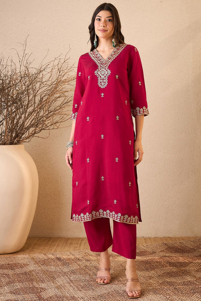 Pink Floral Embroidered Silk Blend Kurti Pant Set (ACB2258)