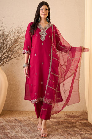 Pink Floral Embroidered Silk Blend Kurti Pant Set (ACB2258)