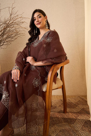 Brown Floral Embroidered Silk Blend Kurti Pant Set (ACB2259)