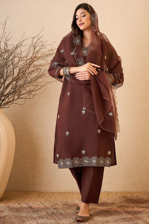 Brown Floral Embroidered Silk Blend Kurti Pant Set (ACB2259)