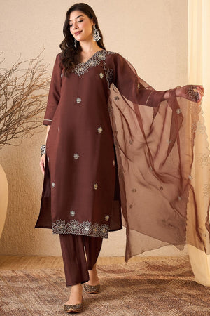 Brown Floral Embroidered Silk Blend Kurti Pant Set (ACB2259)
