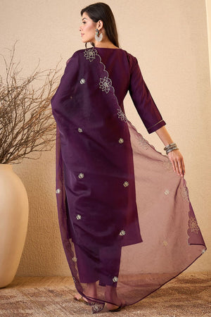 Purple Floral Embroidered Silk Blend Kurti Pant Set (ACB2260)