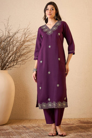 Purple Floral Embroidered Silk Blend Kurti Pant Set (ACB2260)