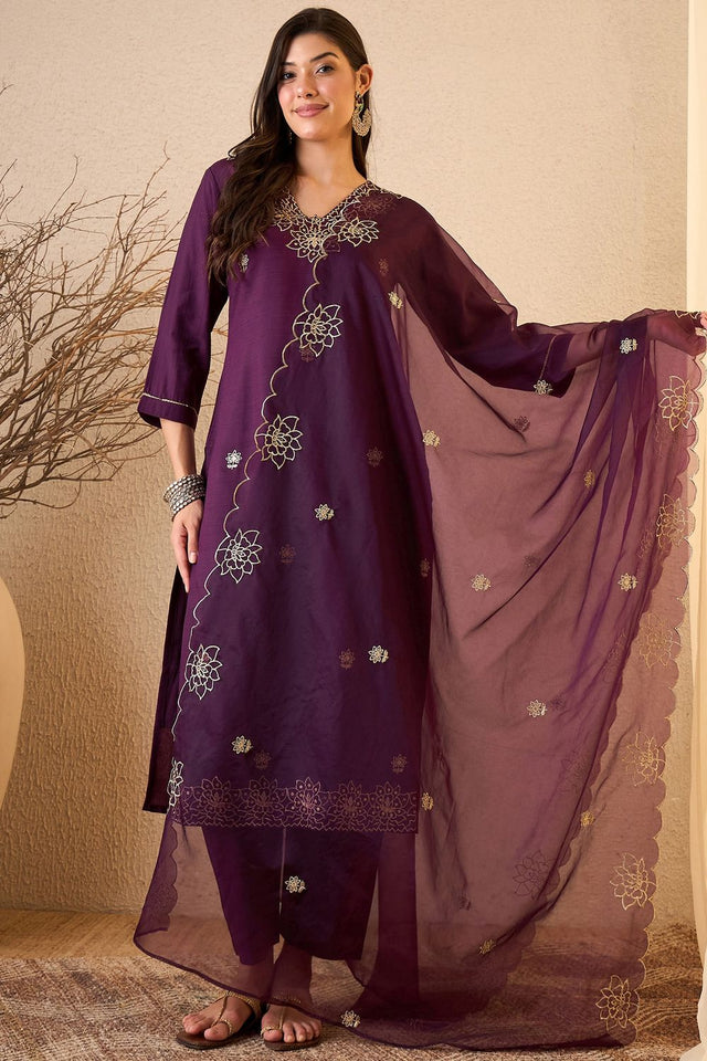 Purple Floral Embroidered Silk Blend Kurti Pant Set (ACB2260)