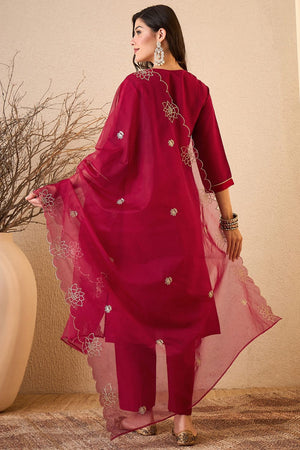 Pink Floral Embroidered Silk Blend Kurti Pant Set (ACB2262)