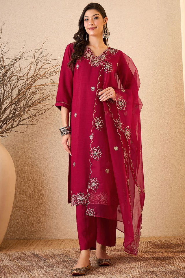 Pink Floral Embroidered Silk Blend Kurti Pant Set (ACB2262)