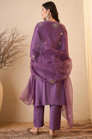 Purple Floral Embroidered Silk Blend Kurti Pant Set (ACB2263)