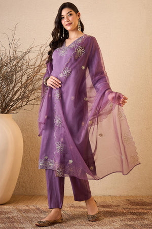 Purple Floral Embroidered Silk Blend Kurti Pant Set (ACB2263)