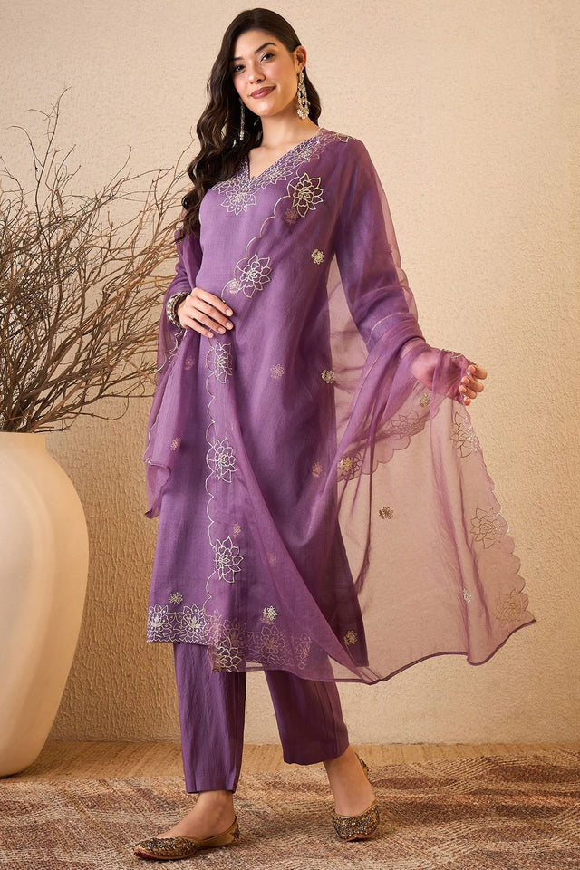 Purple Floral Embroidered Silk Blend Kurti Pant Set (ACB2263)